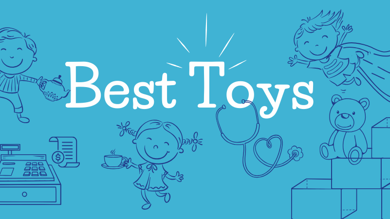 Best toys graphic with line drawings of kids enjoying unscripted play for a creative and educational experiences