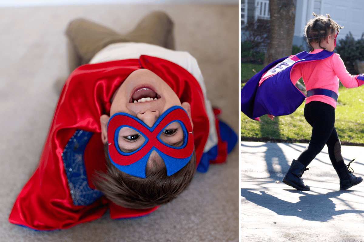 Child in superhero costume with quality red  and purple and cape and mask, playing screen-free activities. Handmade in the USA by a small business, Creative Capes