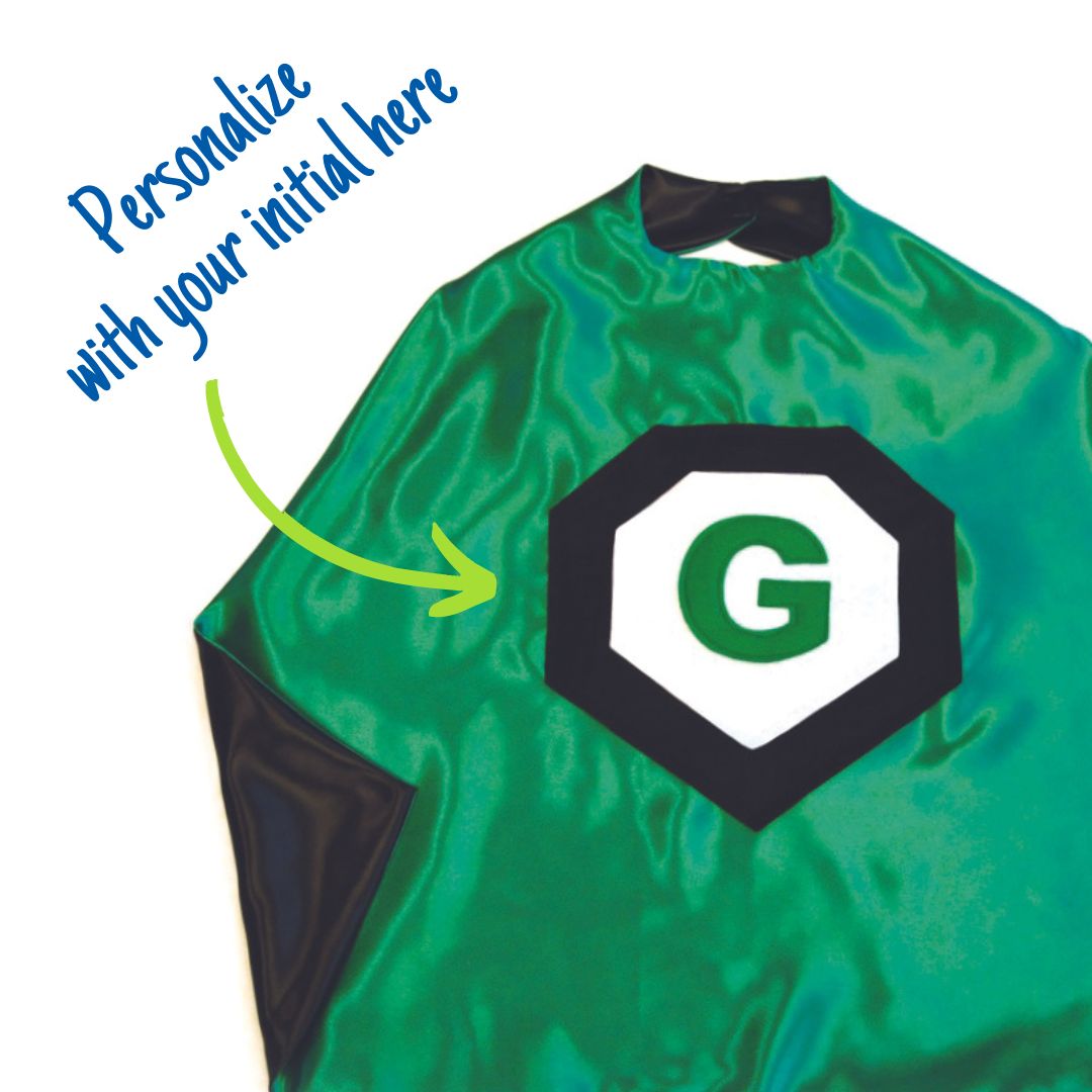 Green and Black personalized superhero cape, child's first initial on the super hero cape, quality satin capes, handmade by Creative Capes in USA, inspire imaginative play and confidence