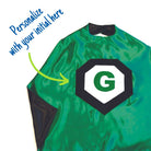 Green and Black personalized superhero cape, child's first initial on the super hero cape, quality satin capes, handmade by Creative Capes in USA, inspire imaginative play and confidence