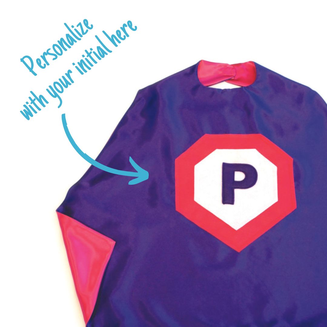 purple and pink personalized superhero cape with child's first initial,  satin lined cape, handmade by Creative Capes in USA, play activity to inspire imaginative play and confidence, healthy alternative to screen time