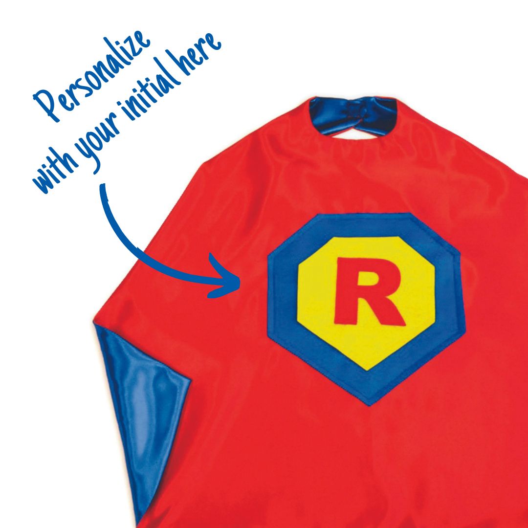 Red, blue and yellow personalized superhero cape, child's first initial on the super hero cape, quality satin capes, handmade by Creative Capes in USA, inspire imaginative play and confidence