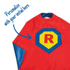 Red, blue and yellow personalized superhero cape, child's first initial on the super hero cape, quality satin capes, handmade by Creative Capes in USA, inspire imaginative play and confidence