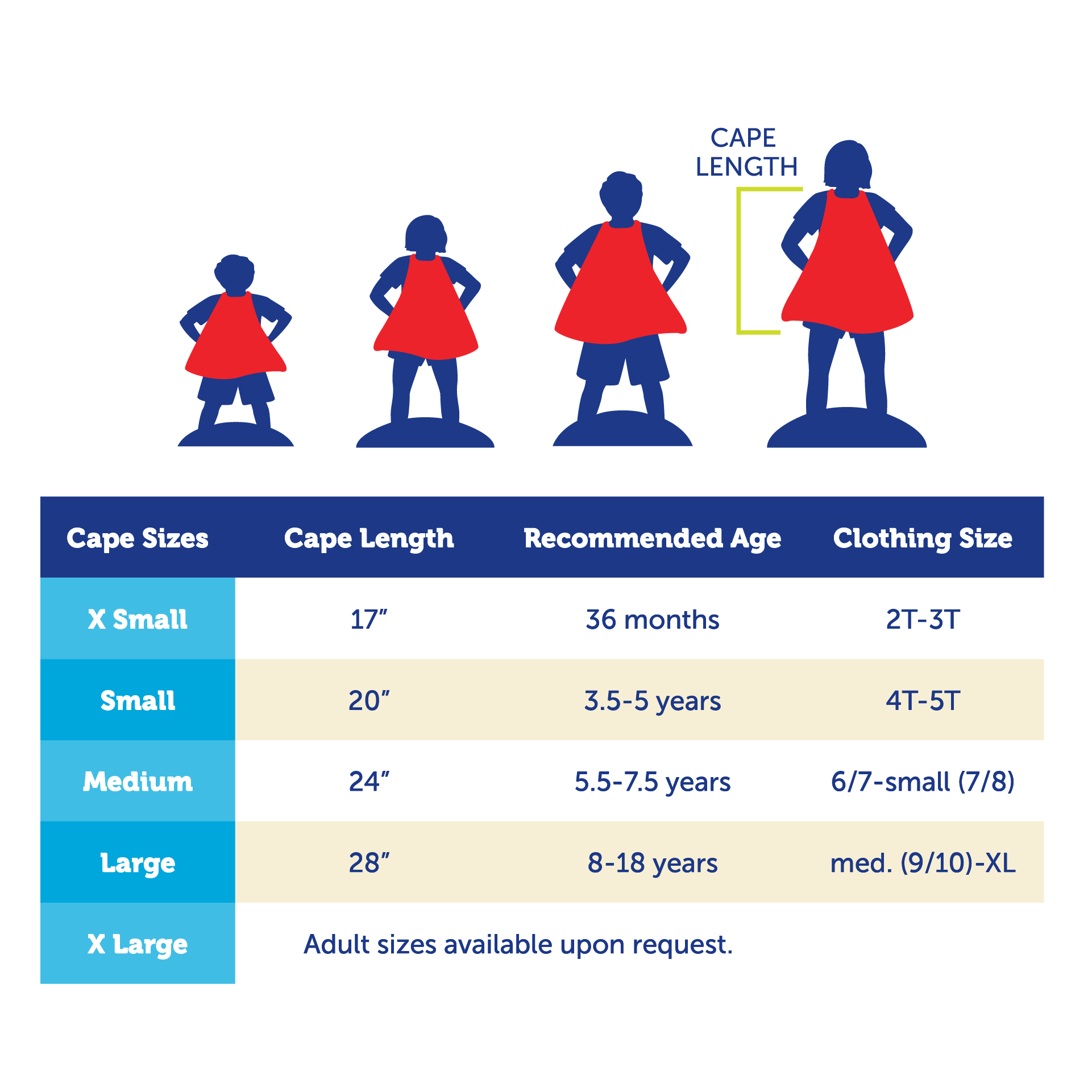 sizing chart to select super hero cape for kids