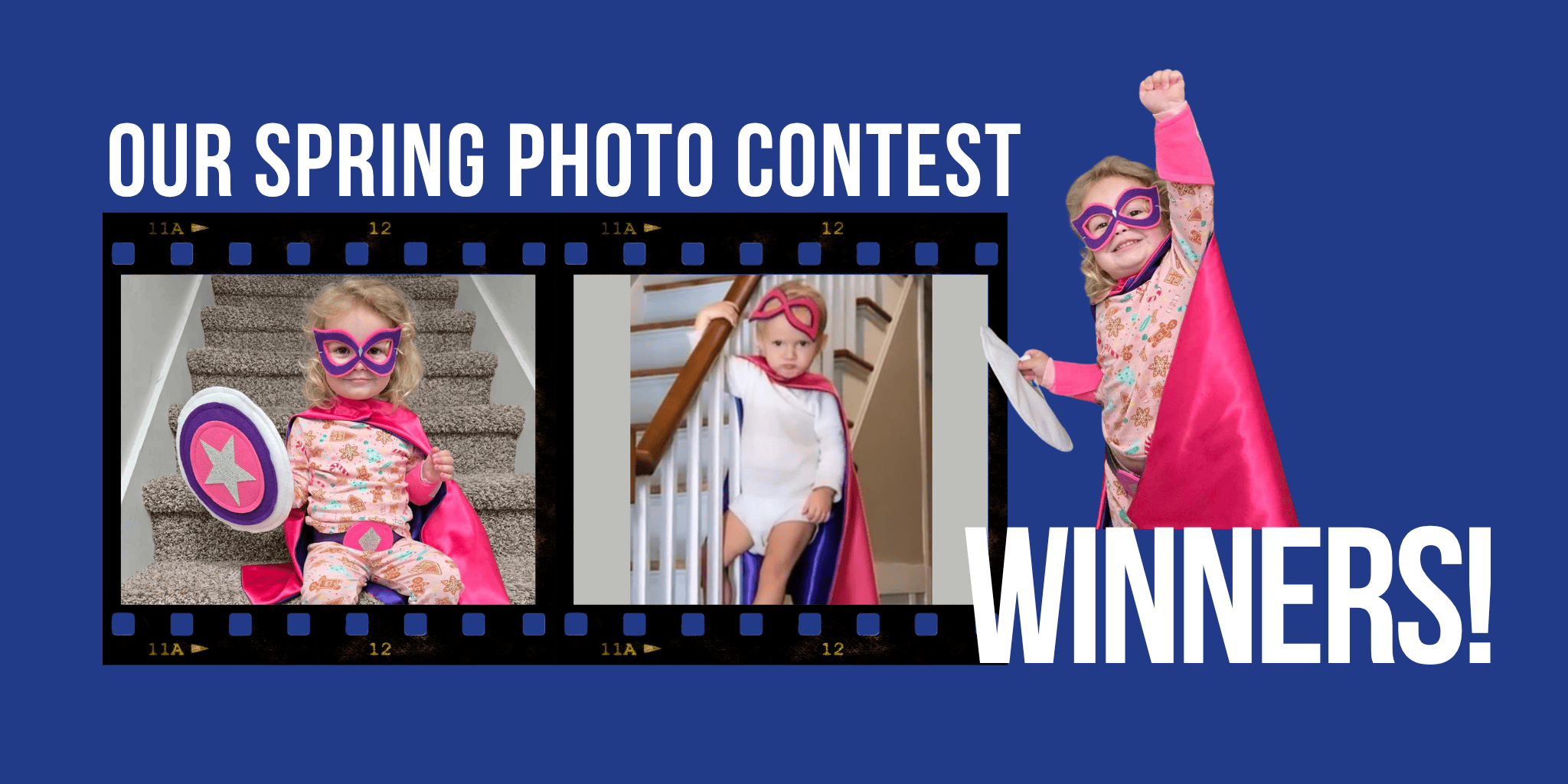 Spring photo contest winners with pink superhero costumes on a blue background