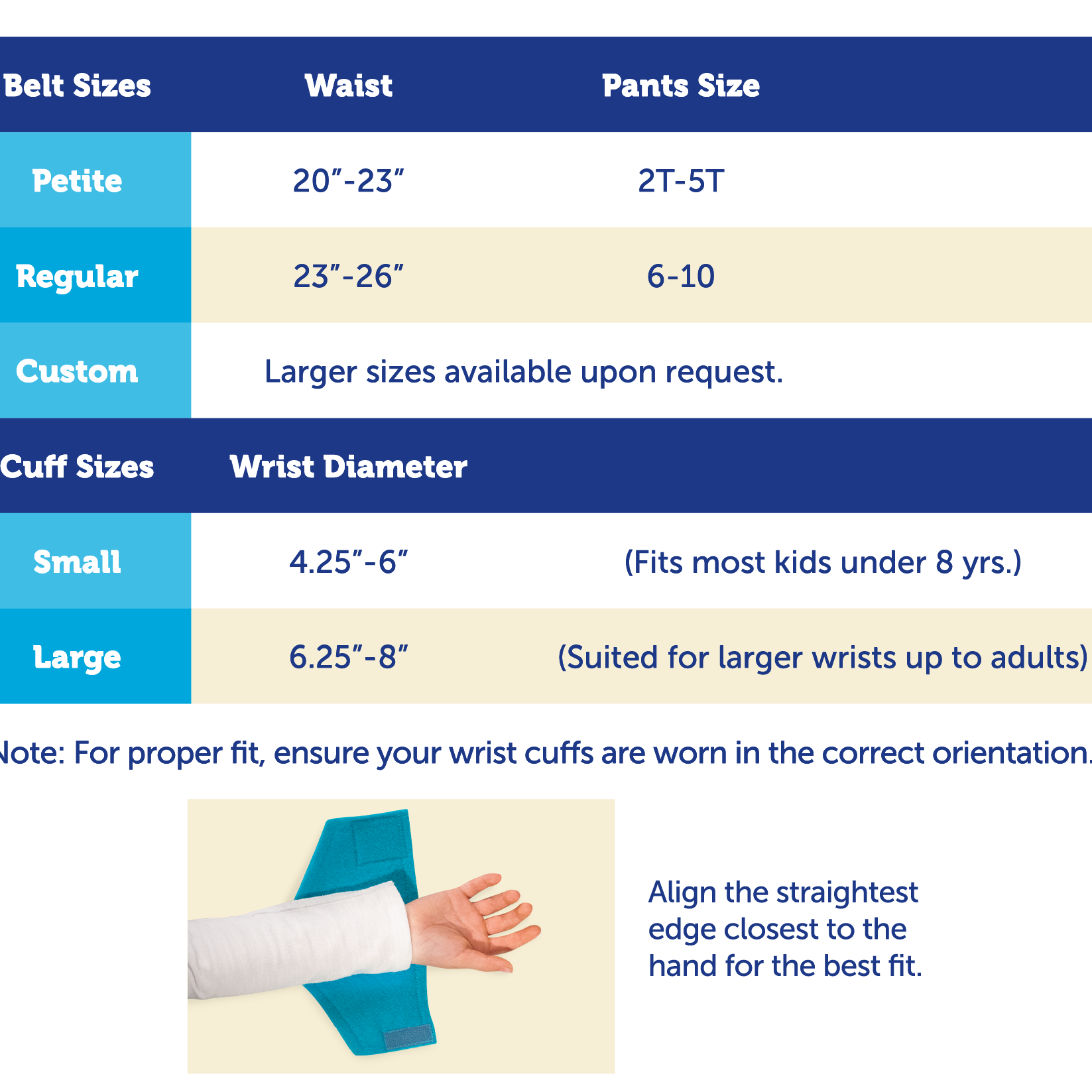 Creative Capes size chart for superhero belts and arm bands for kids