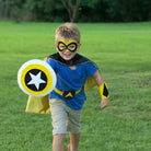 boy running in handmade satin superhero costume, Creative Capes