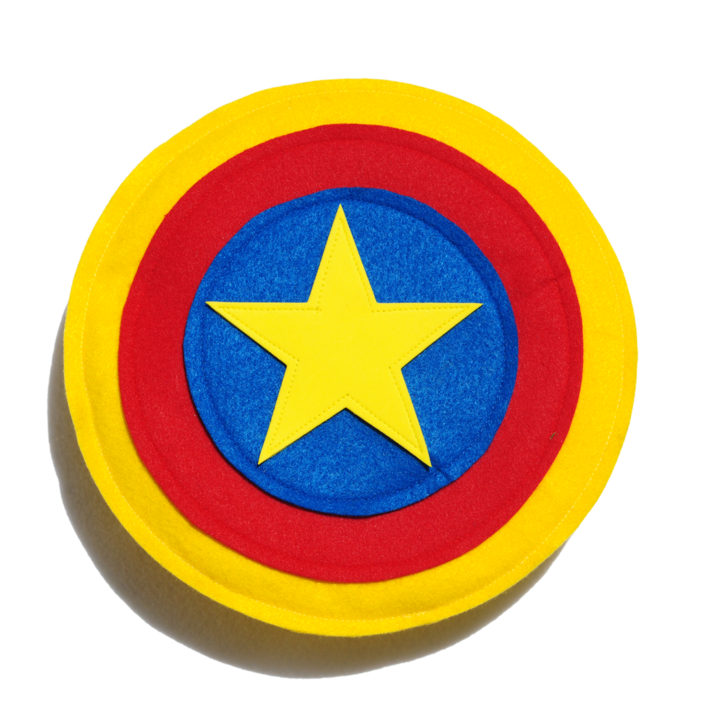 red, yellow, blue star shield, fun and safe playtime toy, quality made with felt and a flexible stiffner by Holly at Creative Capes