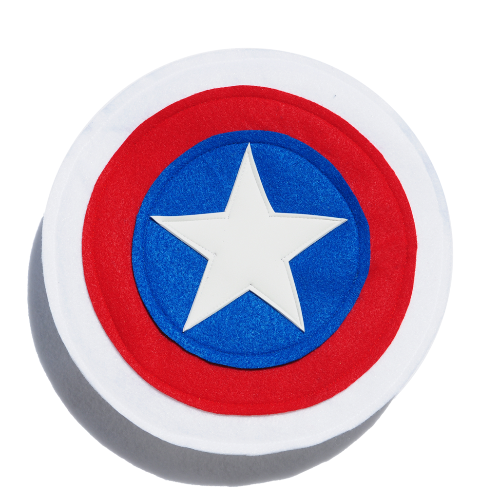 Red, White, and Blue star shield, made of multiple layers of felt, flexible stiffner inside to withstand active play from your child, handmade by Creative Capes