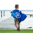 Red, White, and Blue superhero cape for kids. Made for Captain America fans, handmade by Creative Capes in the USA, toy for active play, unplugged childhood activity