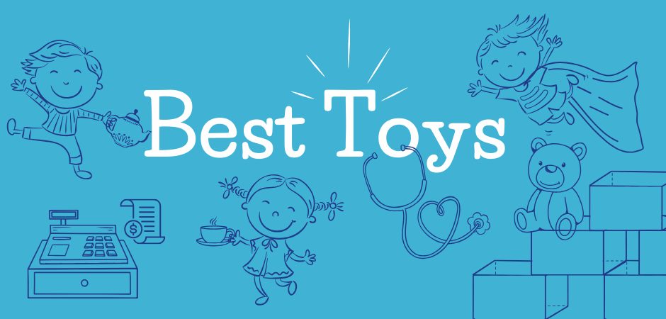 Best toys graphic with line drawings of kids enjoying unscripted play for a creative and educational experiences