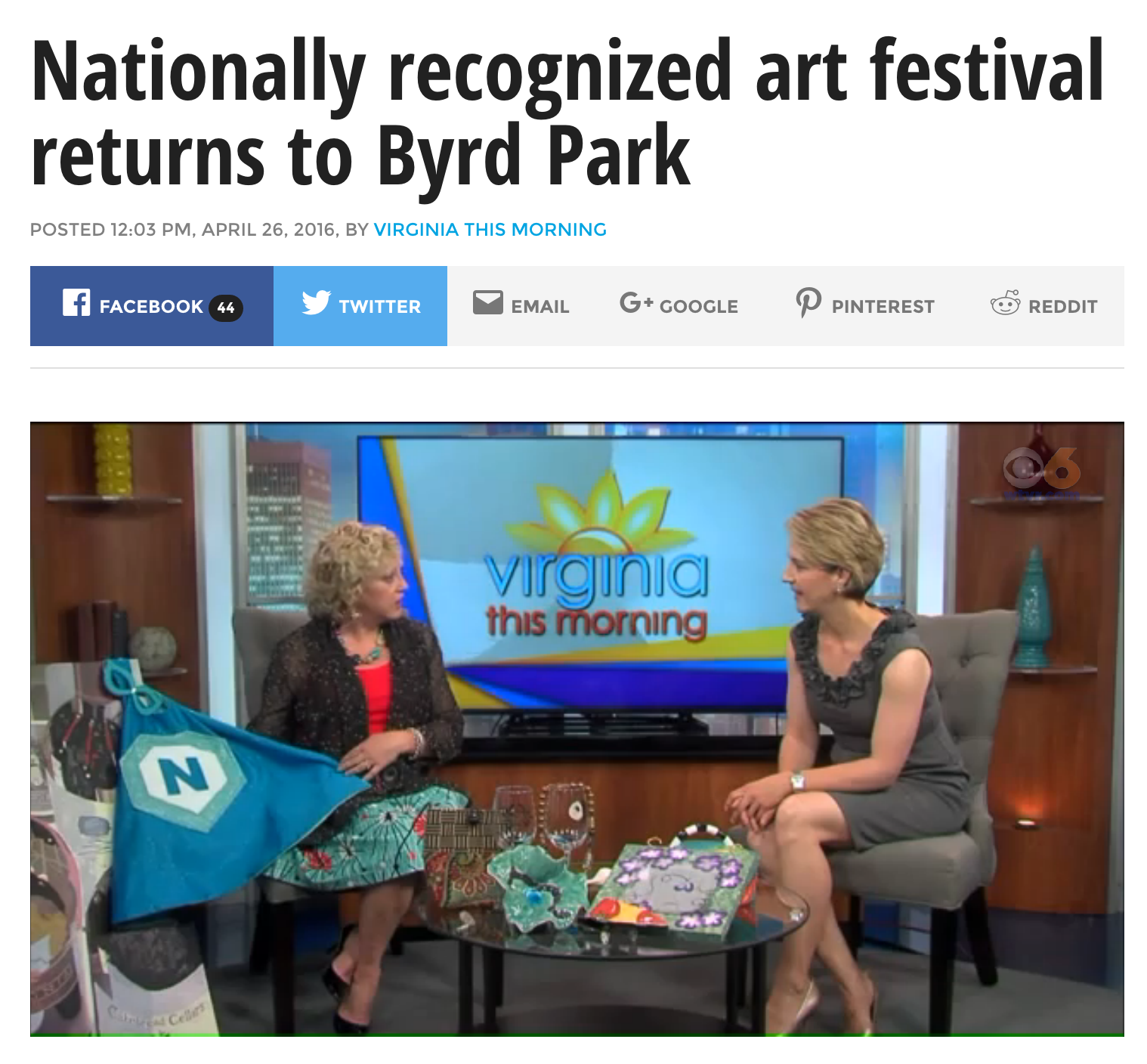 Creative Capes Featured in Art in the Park Segment on Virginia This Morning, CBS 6