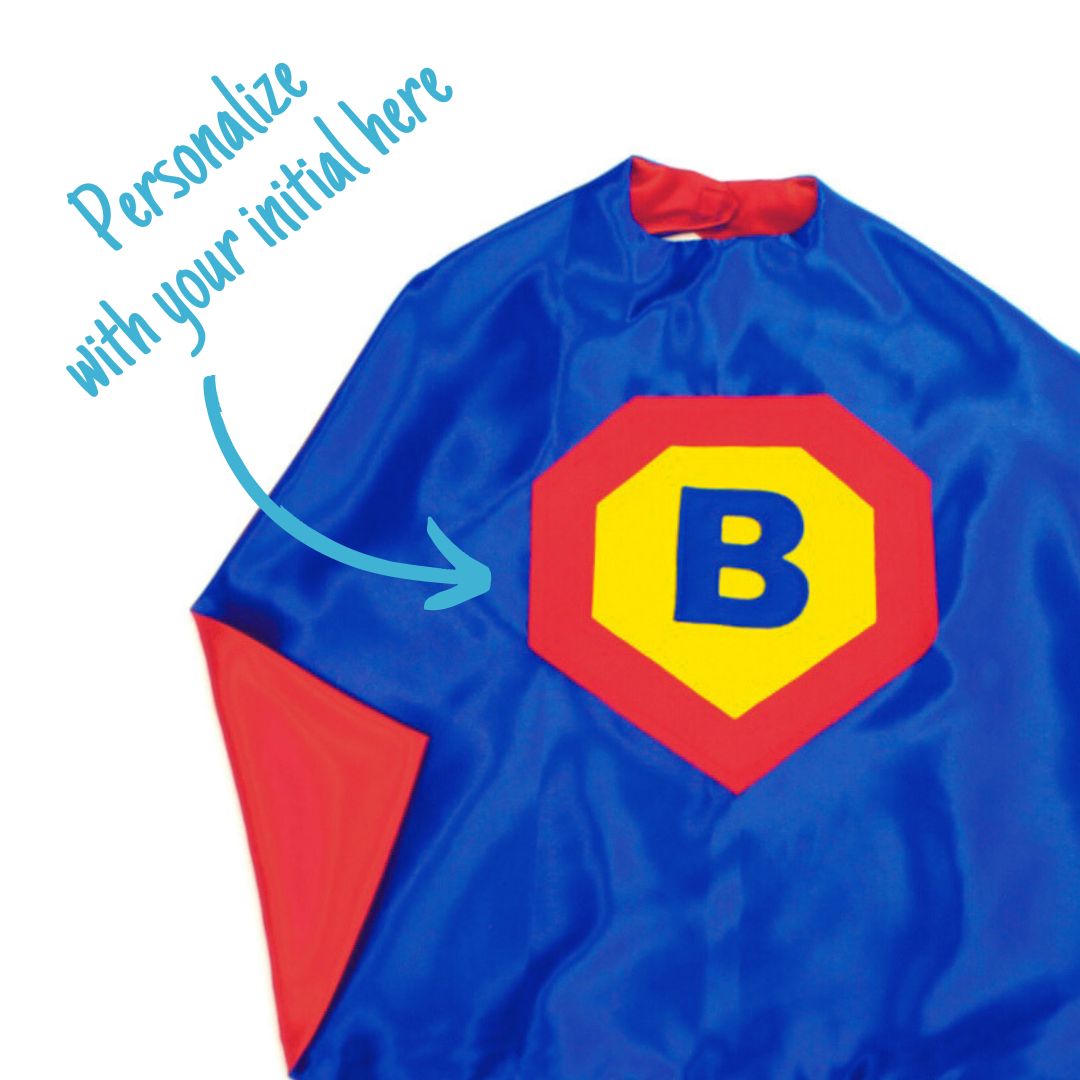 Red, blue and yellow personalized superhero cape, features child's first initial on super hero cape, quality satin capes by Creative Capes, handmade by Holly in USA, inspire imaginative play and confidence, play without screens creates a healthy childhood
