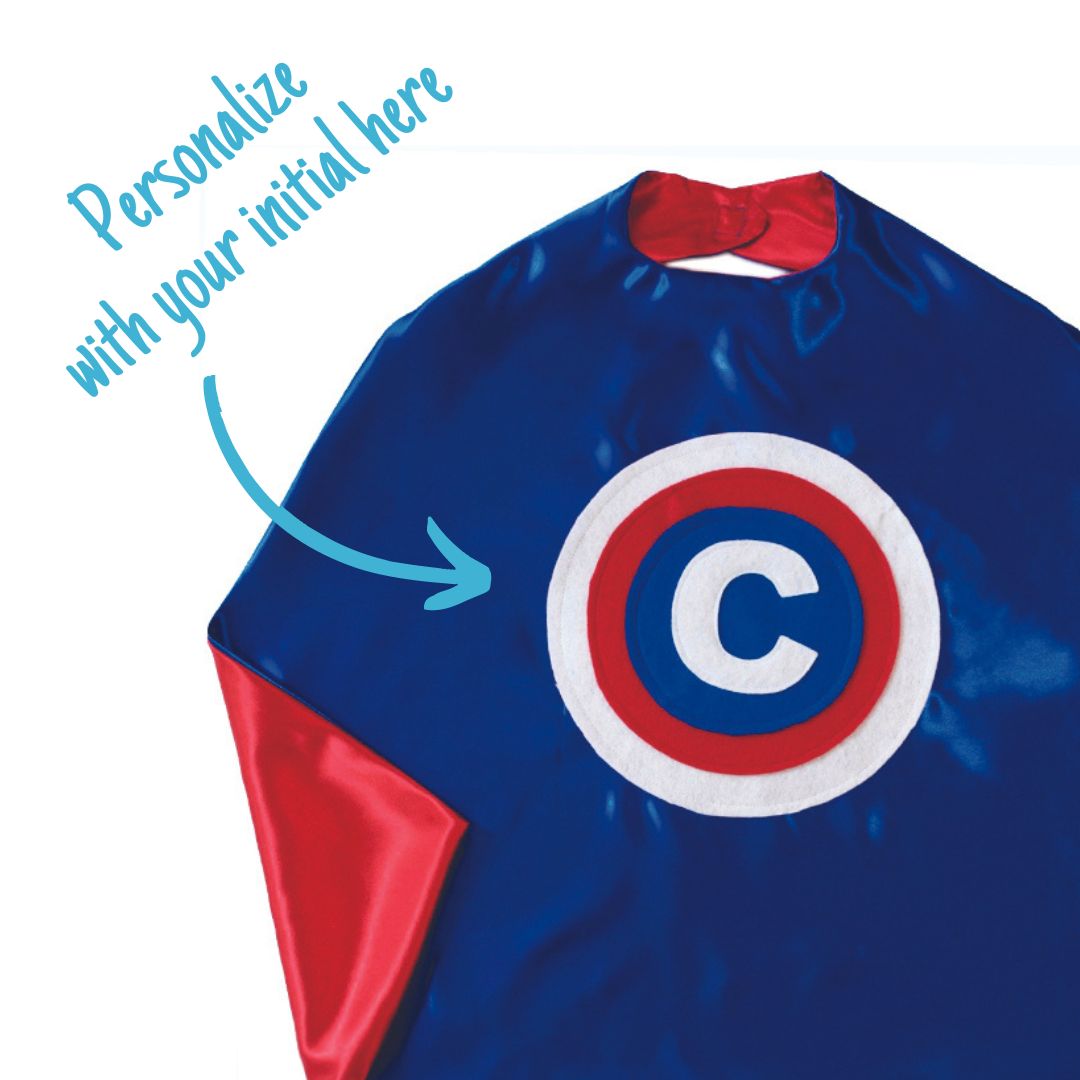 Personalized Kids superhero cape costume in red, white and blue, satin cape features the child's first initial, become your own hero, positive affirmation tool, handmade by Holly in USA, Creative Capes, Captain America Fan