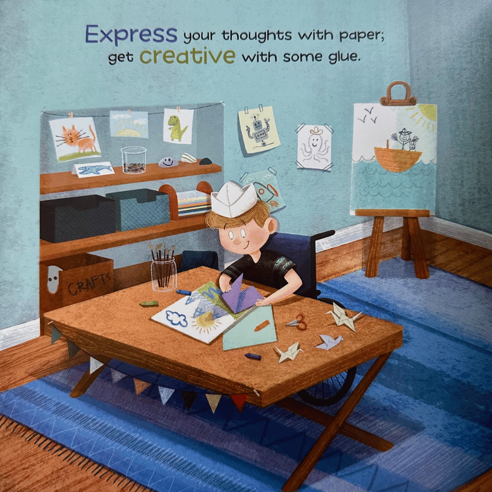 Illustration of a child at a desk with art supplies and a quote on a blue wall encouraging being creative and reducing screen time