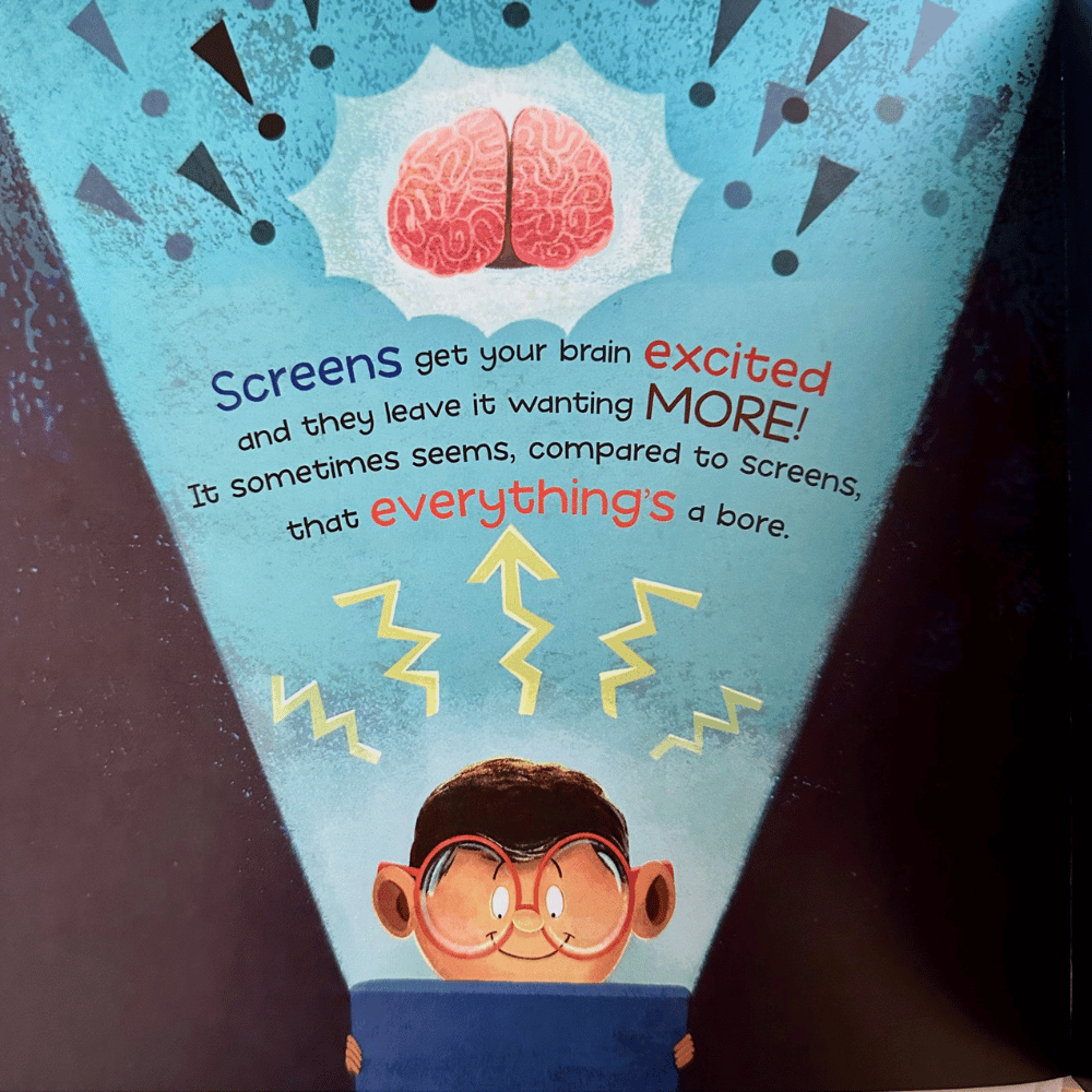 Illustration of a child with glasses looking at a screen with text about screens and brain excitement which is a bad habit