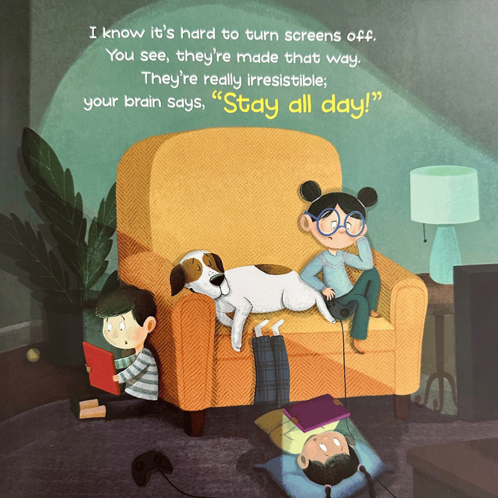 Illustration of kids sitting in the living room with a dog, surrounded by screens, with text about screen time is addictive to our brains.