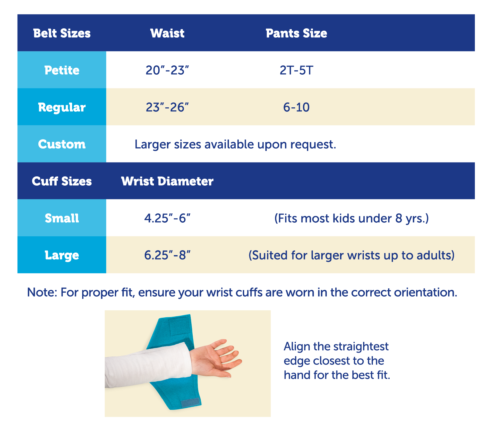 Creative Capes size chart for superhero belts and arm bands for kids