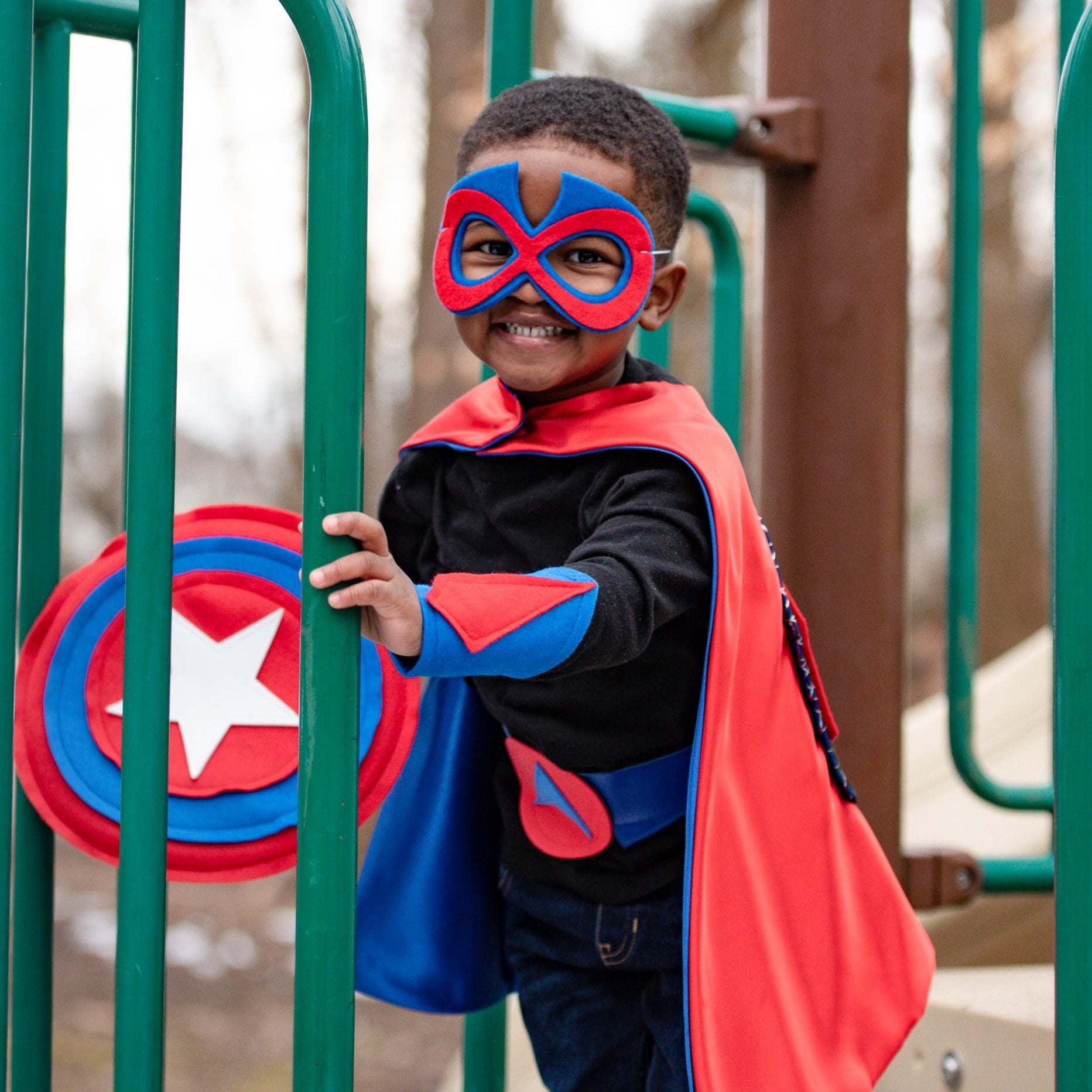 3 year old boy playing Superhero, Red and Blue Personalized Costume for imaginative Play, handmade costume by Creative Capes