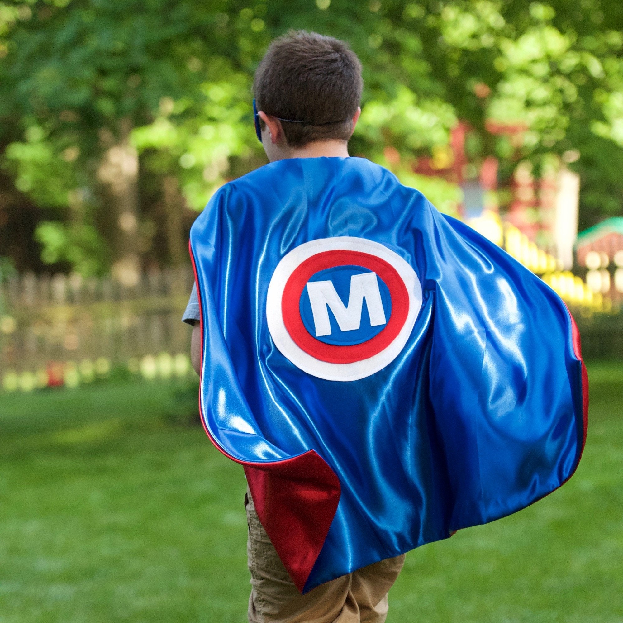 Red, White, and Blue personalized satin cape, handmade for active and creative kids of all ages, unplugged childhood, superhero adventures for kids