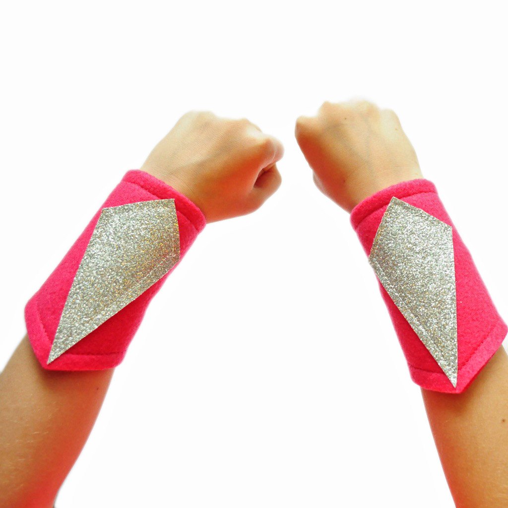 pink and silver power wrist cuffs for kids, super hero costume accessories by Creative Capes