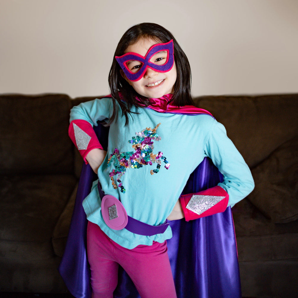 girl in pink and purple custom super hero costume by Creative Capes